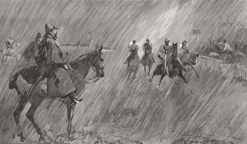 RACING. Rain, course. good wetting-through jockeys 1891 old antique print